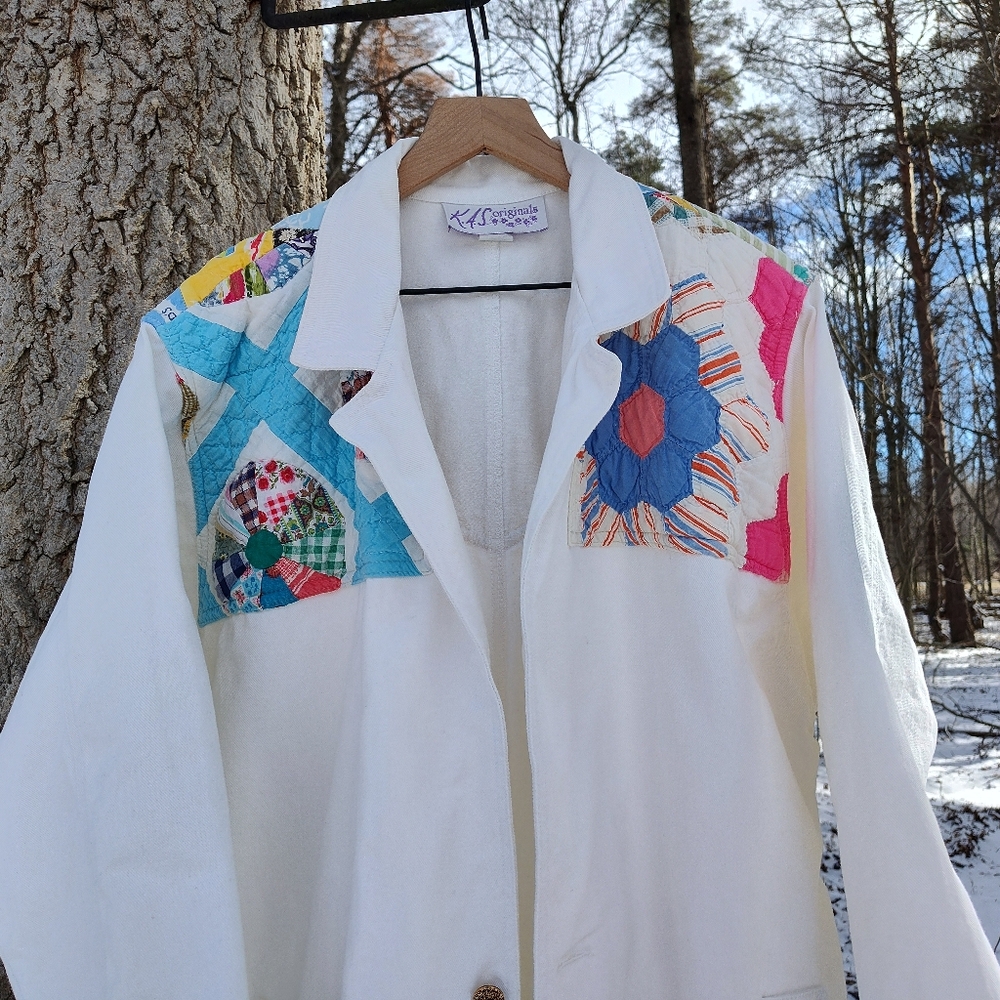 White Quilted Duster Jacket Upcycled Patchwork KAS Originals 80s Cotton One Size - Picture 3 of 16